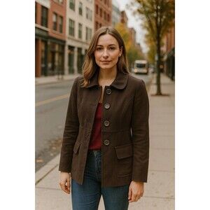 Chocolate Brown Women Jacket Blazer Coat Lined Collar Pockets Buttons Classic M